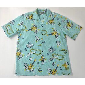 Aloha Republic Hawaiian Shirt Mens Large Blue Guitars Lei Print Vintage 90s USA